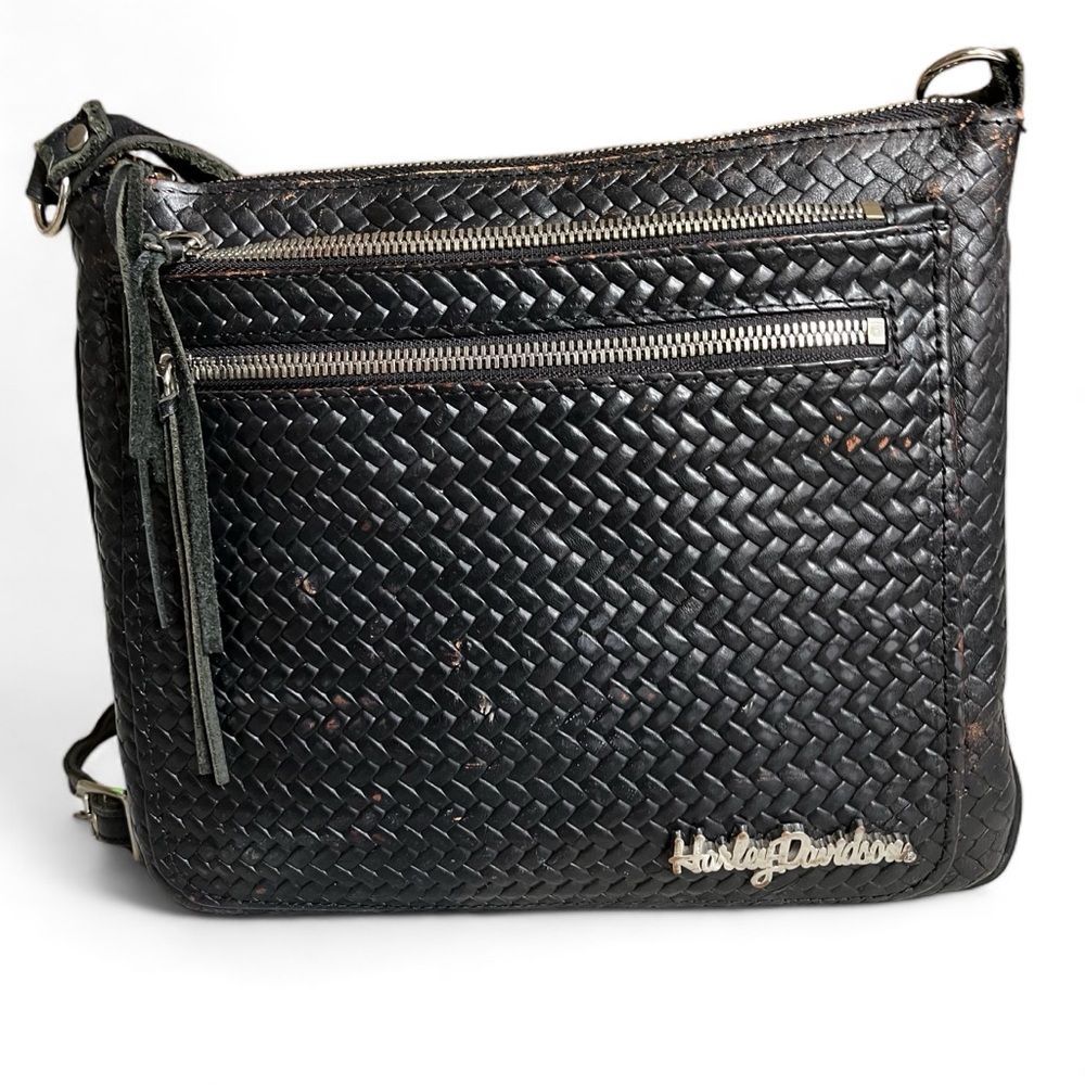 Harley Davidson Basket Weave Leather Crossbody Bag Purse Black USA Made Womens